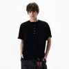 Camiseta Superior Casual Texturizada de Punto Acanalado con Cuello Henry de Manga Corta Unisex Holgada Estilo Americano Retro