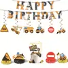 Set de Decoración de Fiesta de Cumpleaños Temático de Vehículos de Construcción de Dibujos Animados Transfronterizo con Banderines, Adornos para Pasteles, Globos y Decoraciones de Mesa