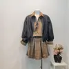 Chaqueta corta de cuero con cordón y cuello alto, moda de otoño, elegante, holgada, versátil chaqueta de motociclista, abrigo tejido negro de moda para mujer