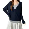 Toma real~ Suéter de punto nuevo de otoño para mujer talla grande, con capucha, bloques de color, imitación de dos piezas, manga larga, hombro normal