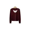 Suéter de Lana Pura para Mujer, Estilo de Moda, Cuello Redondo Rojo, Falso Dos Piezas, Nuevo Otoño/Invierno, Elegante Versátil, Manga Larga