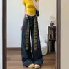 Jeans Americano de Perna Larga para Mulheres Verão Novo Cintura Alta Solto Casual Retrô Preto e Cinza Xadrez Costura Calças Compridas
