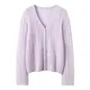 Cardigan Leve~Seda de Amora Caxemira para Mulheres Gola V Preguiçoso Vazado Textura de Ar Tricô que Reduz a Idade Peça de Roupa Exterior Top