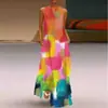 Nuevo vestido largo retro europeo y americano de verano, cuello en V, multicolor, largo, sexy, sin mangas