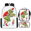 Monstruo de Pelo Verde Grinch Transfronterizo Nueva Mochila Escolar Mochila de Dibujos Animados Set de Tres Piezas Bolso Estuche para Lápices