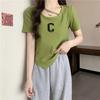 Camiseta Verde Aguacate Asimétrica de Manga Corta para Mujer Verano 2024 Nueva de Media Manga de Algodón Dulce y Picante Aspecto Adelgazante Tops Europeos y Americanos