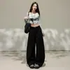 Outono de 2059 Novo Estilo Vintage Old Money Calças Casuais Slimming de Cintura Alta para Mulheres, Calças Largas Retas de Perna Larga Curvas