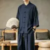 2026 Estilo Nuevo Camisa de Manga Tres Cuartos para Hombre Estilo Chino Color Sólido Imitación Lino Cuello Alto Traje Tang Camisa Casual para Hombre