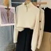 Suave al tacto, suéter coreano Dongdaemun simple con cremallera, cuello alto, holgado, 100% lana pura para mujer, top de punto de invierno