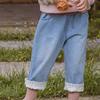 Jeans con Adorno de Encaje Estilo Coreano para Niñas Moda Otoño e Invierno Pantalones Rectos Versátiles Cintura Elástica Pantalones para Bebé