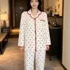 Pijama de Manga Larga con Borde de Color Contrastante para Mujer, Primavera y Otoño, Cardigan con Solapa, Algodón Nube, Doble Estampado Largo, Ropa de Casa, Conjunto de Dos Piezas