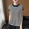 Camiseta de punto vintage a rayas estilo francés de manga corta para mujer, verano 2026, fina, holgada, seda de hielo, fresca, adelgazante, con pequeñas mangas acampanadas