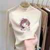 Blusa de fleece dupla face, nova para outono e inverno, gola semi-alta, estampa de desenho animado, casual, camada base, manga longa para meninas, moderna e justa