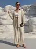Moda Cruzada Europeia e Americana Estilo Primavera e Outono Tamanho Grande Cardigã Feminino de Manga Longa Conjunto Casual de Duas Peças Cor Sólida