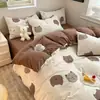 Juego de Ropa de Cama de Franela Gruesa de Algodón Puro de Cuatro Piezas Ropa de Cama 100% Algodón Otoño e Invierno Funda Nórdica Sábana Sábana Ajustable Juego de Tres Piezas