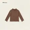 Top base de manga larga para niña, cuello alto con volantes, estilo primavera y otoño, elástico ajustado, color liso, top para bebé