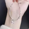 Pulseira de Bambu Estilo Coreano com Elementos Geométricos, Contas em Formato de Coração, Prata Triturada, Estilo Melhor Amigo Estudante, Pingente Quadrado de Verão Tendência