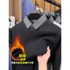 Suéter grosso com forro de fleece para outono e inverno, gola de camisa, camisa base de tricô quente para homens de meia-idade, contém lã de ovelha