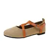Sandalias de Lino para Mujer con Tira en T de Bloques de Color, Sandalias Planas con Punta Redonda, Apertura Baja, Correa de Hebilla Única, Sandalias de Moda Versátiles y Cómodas