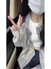 Cardigan Retrô de Luxo Leve Camisa Xadrez Amarela e Azul Design Feminino para Primavera, Verão e Outono Blusa de Manga Longa Jaqueta Feminina Tendência
