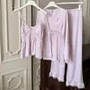 Pijama Estilo Zhao Lusi Pijama de Seda Helada Conjunto de Tres Piezas de Manga Larga y Pantalón Largo para Mujer Estilo Princesa Casual Delgado Ropa de Casa