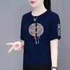 Camiseta de manga curta com estampa estilo chinês novo, excedente de comércio exterior transfronteiriço, camisa básica de corte solto, top casual e moderno com botões