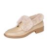 Sapatos de pele de coelho macios e confortáveis, pele de cabra, pele quente, salto baixo, bico redondo, veludo grosso, boca profunda, 2023, para mulheres