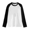 Camiseta casual de manga longa color block preto e branco para mulheres, adequada para primavera e outono, com mangas raglan, corte solto e efeito emagrecedor, perfeita como peça básica para sobreposição