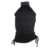 Top de Tirantes con Cuello Halter y Cordones, Diseño Gótico Oscuro con Cuello Alto Tachonado de Pedrería, Ceñido Único en la Cintura y Moldeado Espalda Descubierta para Mujer