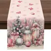 Camino de mesa navideño transfronterizo más vendido de Amazon, directo del fabricante, mantel de lino estampado con muñeco de nieve rosa y Papá Noel