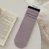 Meias Nervuradas Duplas Novas Outono/Inverno 2025 para Mulheres, Meias Folgadas até o Meio da Panturrilha, Meias Femininas Feitas à Máquina Sem Costura