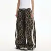Calça larga feminina com estampa de leopardo retrô americana, nova calça casual longa reta de perna larga, solta, modeladora e com corte curvo, moderna