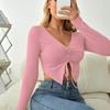 2026 Top Cropped Sexy Casual com Manga Longa, Gola V, Franzido, Cor Sólida, Atacador, Versátil, Primavera e Outono Europeu e Americano