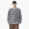 Camiseta Polo Waffle Mesclada Falsa de Duas Peças Manga Longa para Homens, Outono 2025 Estilo Old Money Solta Casual Moletom com Gola Lapela