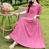 Novo vestido de algodão e seda estilo jovem de Sanya, luxo leve com toque de alta qualidade, estampa floral, vestido longo de algodão artificial para mães, estiloso para usar como peça externa