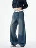 Jeans Azules Vintage de Pierna Ancha para Hombre, Estilo Primavera y Otoño, Marca de Moda, Elegantes para Hombres Altos y Corpulentos, Corte Holgado con Dobladillo Deshilachado