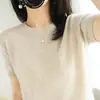 Camiseta solta para mulheres na primavera e outono, não de caxemira, de manga curta, top cropped, camada interna, suéter de tricô com gola redonda