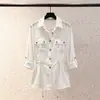 Camisa feminina leve de chiffon com cordão para acinturar, gola de lapela, bolsos utilitários e mangas dobráveis, top elegante, de origem europeia e americana, para uso transfronteiriço