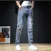 Calça jeans rasgada com patch, estilo coreano, costura, comprimento até o tornozelo, primavera e outono, nova marca de moda, casual, calça skinny, tudo combinando