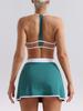 Traje de Yoga Sexy de Color de Contraste Desnudo Falda de Tenis para Mujer Sujetador Deportivo Ajustado sin Espalda Ropa Interior de Tirantes para Fitness