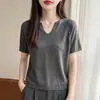 26 Nuevo T-shirt Delgado de Manga Corta con Cuello en V de Tencel + Lino de Verano para Mujer Tacto de Alta Gama Manga Media Versátil Top Tejido