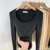 Suéter de Malha Base Manga Longa Stretch Slim-fit Gola U de Alta Qualidade Feminino Primavera e Outono 2024 Novo Top Curto Slim-fit