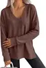 Amazon Comercio Exterior Transfronterizo Otoño/Invierno 2026 Nueva Camiseta de Waffle de Color Sólido con Cuello en V Holgada de Manga Larga con Abertura para Mujer