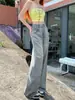 Jeans feminino wide leg de cintura alta, com borda crua desgastada estilo retrô americano, para primavera e outono, caimento solto, afina a silhueta, versátil, calça longa com bom caimento