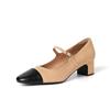 Amor a Primera Vista~ Zapatos Mary Jane de Tacón Grueso Estilo Chanel Otoño 2026 Piel Genuina Bloques de Color Correa Única Zapatos de Oficina