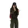 Sudadera con capucha a rayas estilo retro americano, suéter con cremallera, diseño de otoño para mujer, top cárdigan de punto único