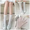 Calcetines de Malla de Corazón Calados Finos de Verano para Mujer, Estilo Coreano Puño Burbuja Bloque de Color Tubo Medio Algodón Encaje Calcetines Holgados