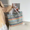 Bolso de Paja con Rayas de Arcoíris para Mujer, Bolso de Playa para Vacaciones, Bolso de Mano Tejido Casual de Verano, Bolso de Hombro