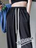 Pantalones de pierna ancha a cuadros de seda de hielo para mujer, verano, finos, de cintura alta, ajustados, pequeños, casuales, con caída, holgados, de pierna recta