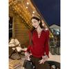 Suéter vintage xadrez com gola polo e costura, design feminino de outono e inverno, camisa de base slim fit com top vermelho
